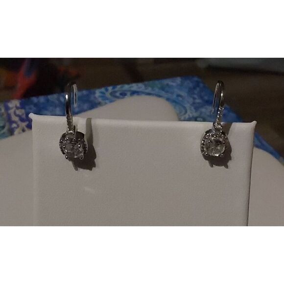 925SS Rhodium Plated Oval & Round Cut Halo Design Sim Diamond Leverback Earrings - Picture 3 of 3